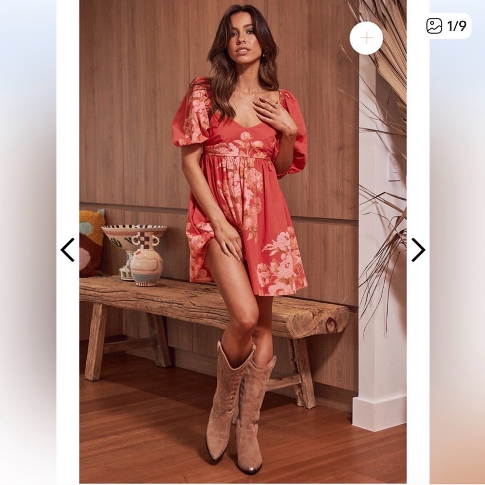 FREE PEOPLE Peony Babydoll Dress in Antique Combo Floral Puff Sleeve Mini Sz XS